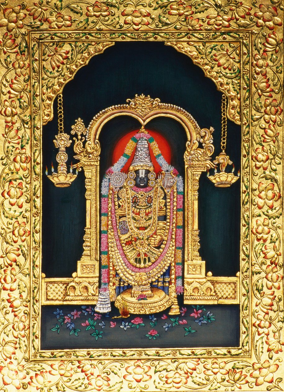 Jumala Tirupati Balaji miniatyyri Panting paperilla kultainen kohokuvioinnilla tekijältä School Indian