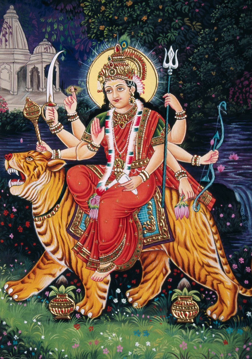 Jumalatar Durga miniatyyri maalaus paperille kirjonta kanssa tekijältä School Indian