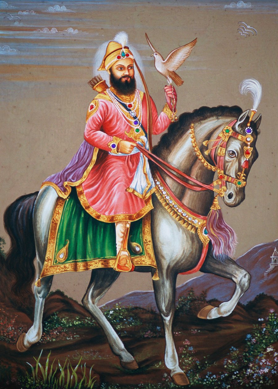 Guru Govind Singh ratsastaa hevosen selässä Pienoiskoossa maalaus paperille tekijältä School Indian