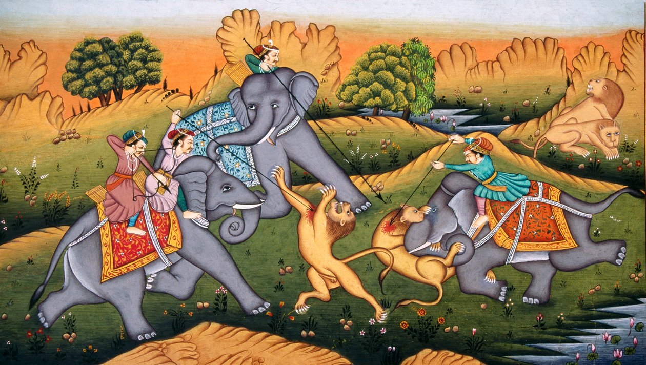 Metsästys Tiikerit Miniature maalaus paperille tekijältä School Indian