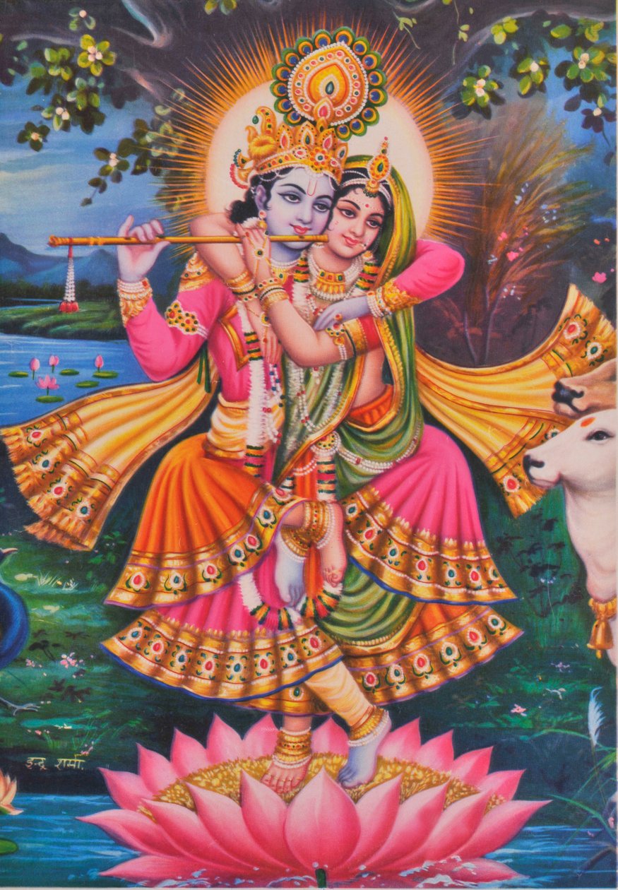 Krishna ja Radha (värilitografia) tekijältä School Indian