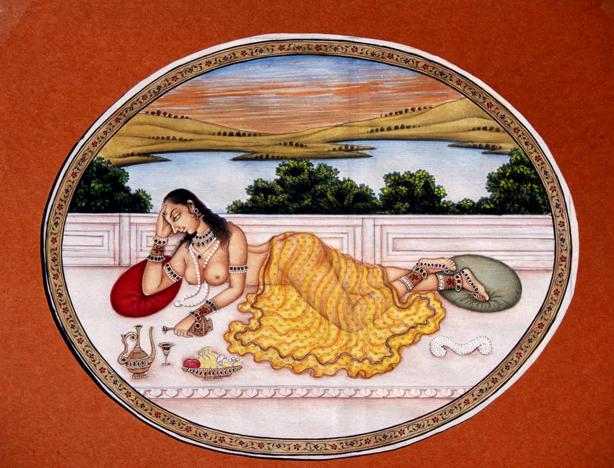 Lady nauttia juomaa miniatyyri maalaus paperille tekijältä School Indian