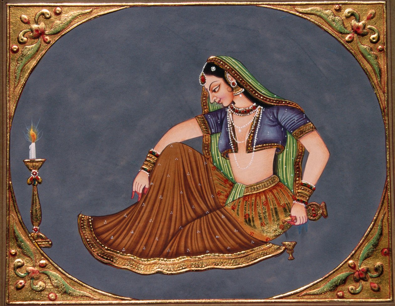 Lady nauttia juomaa miniatyyri maalaus paperille tekijältä School Indian