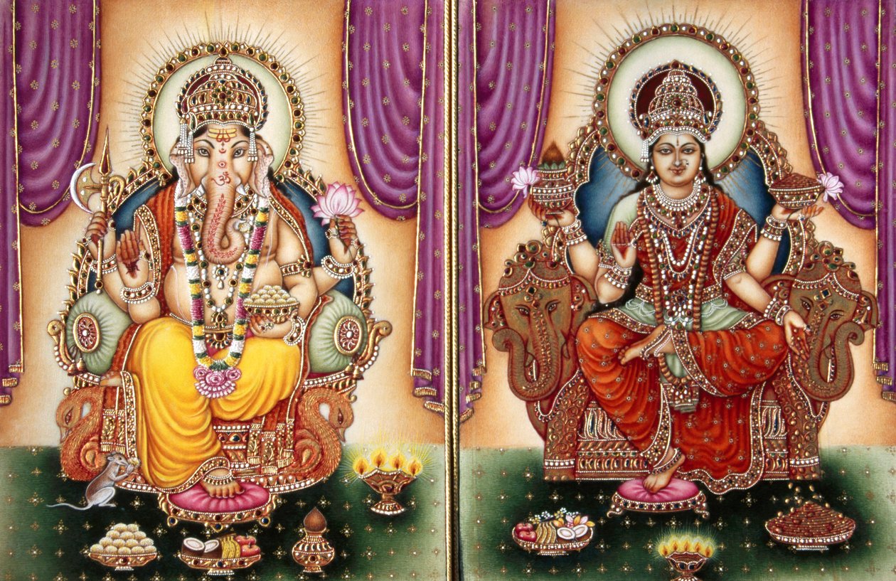 Lord Ganesh Ganpati jumalatar ja Lakshmi miniatyyri maalaus Ivory tekijältä School Indian