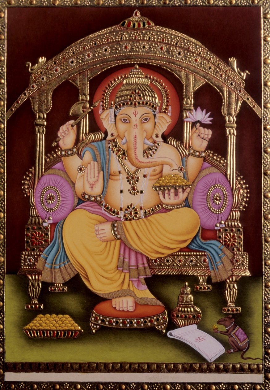 Lord Ganesh Ganpati miniatyyri maalaus paperille kultainen kohokuvioinnilla tekijältä School Indian