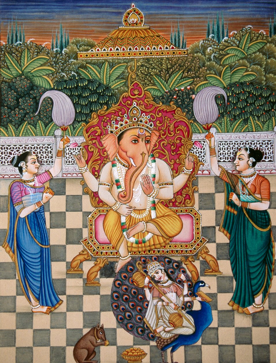 Lord Ganesh Ganpati Riddhi ja Siddhi miniatyyri maalaus paperille tekijältä School Indian