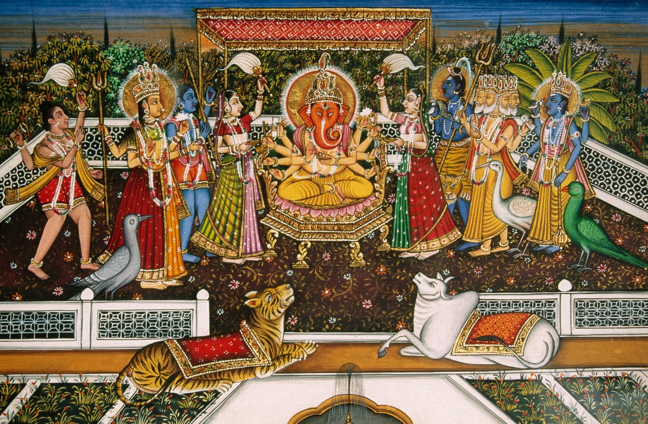 Lord Ganesh Ganpati Brahman, Vishnun, Shivan, Durgan kanssa, miniatyyrimaalaus paperille tekijältä School Indian