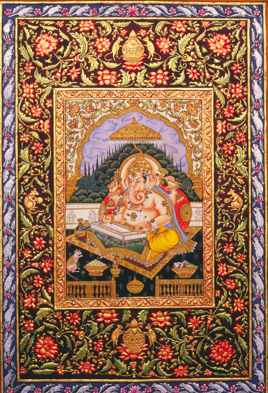 Lord Ganesha Ganpati miniatyyri maalaus paperille kultainen kohokuvioinnilla tekijältä School Indian