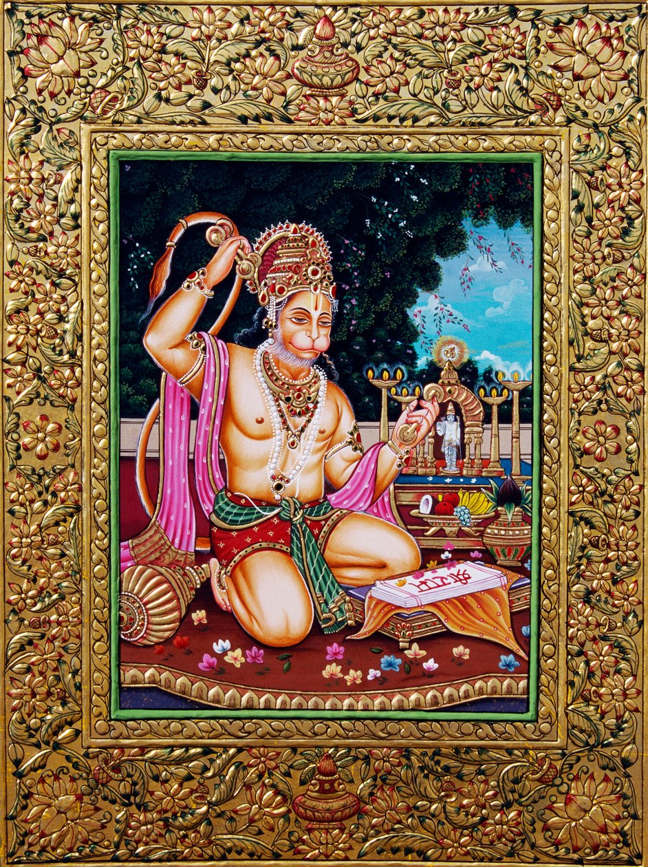 Lord Hanuman miniatyyri maalauspaperi kultaisella kohokuvioinnilla tekijältä School Indian