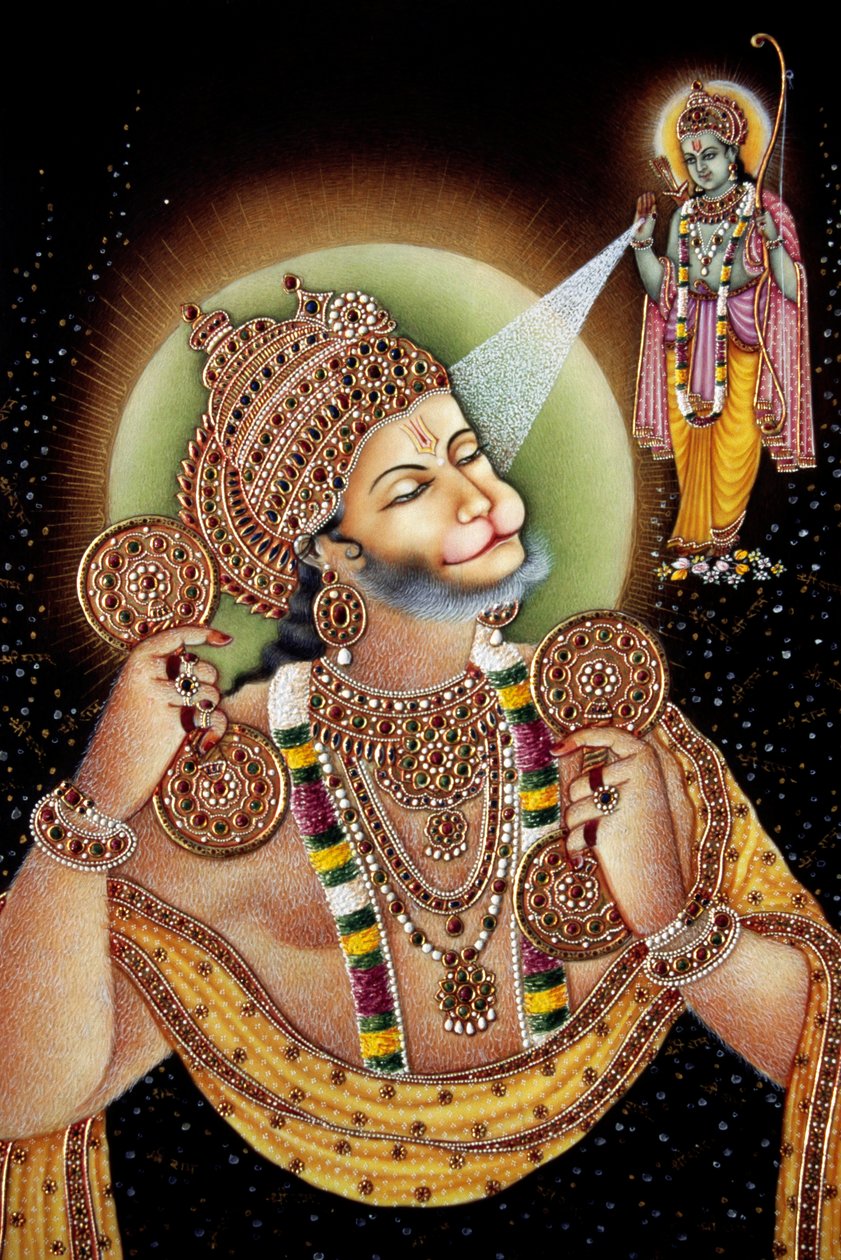 Lord Hanuman ja Rama miniatyyri maalaus paperille tekijältä School Indian