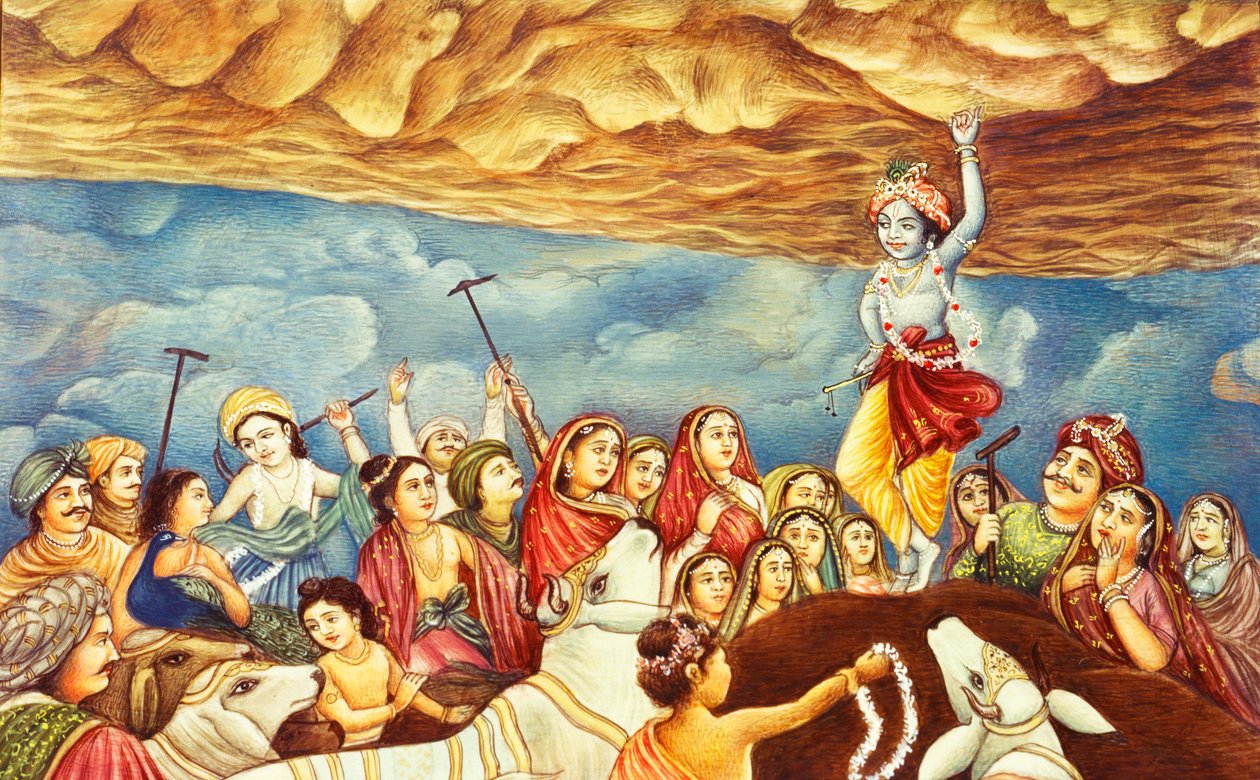Herra Krishna nostamalla Mountain miniatyyri maalaus tekijältä School Indian