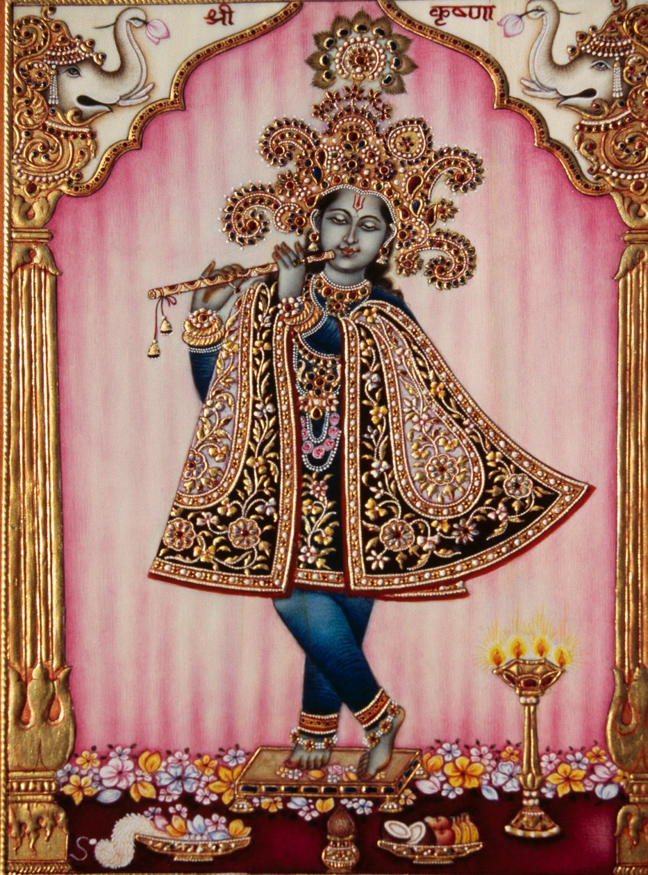 Lordi Krishna miniatyyri maalaus norsunluun päälle tekijältä School Indian