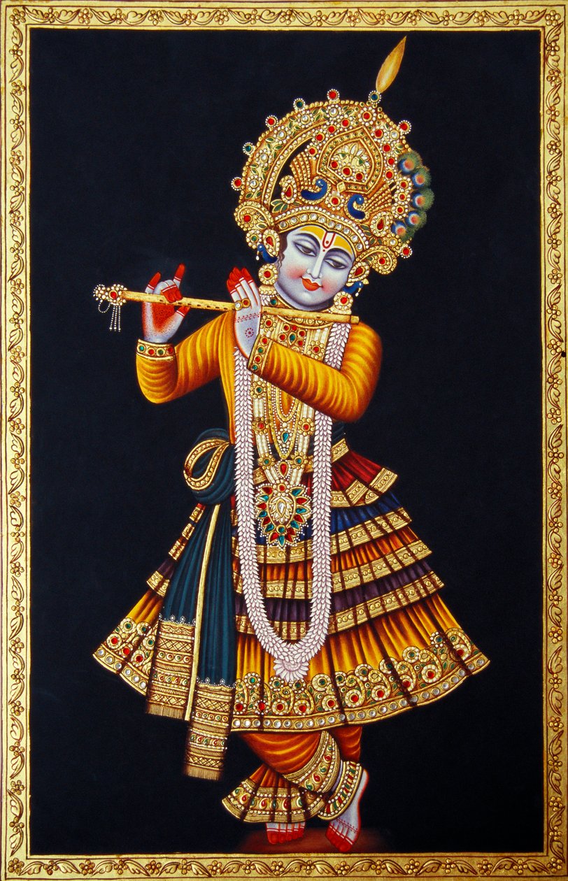 Lord Krishna soittaa huilua miniatyyri maalaus paperille tekijältä School Indian