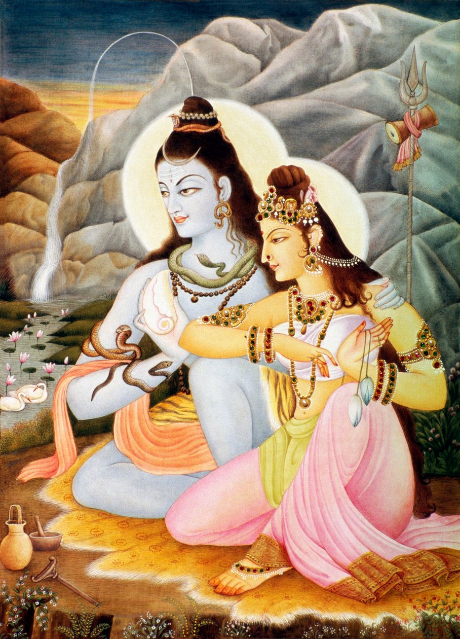 Lord Shiva Shanker Parvati miniatyyri maalaus paperille tekijältä School Indian