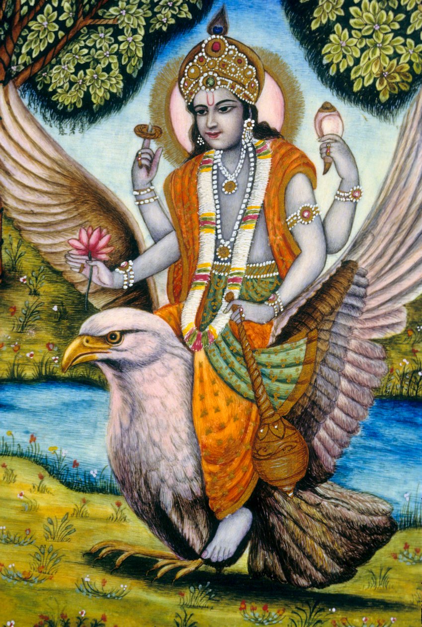 Lord Vishnu istuu Garudalla Intia tekijältä School Indian