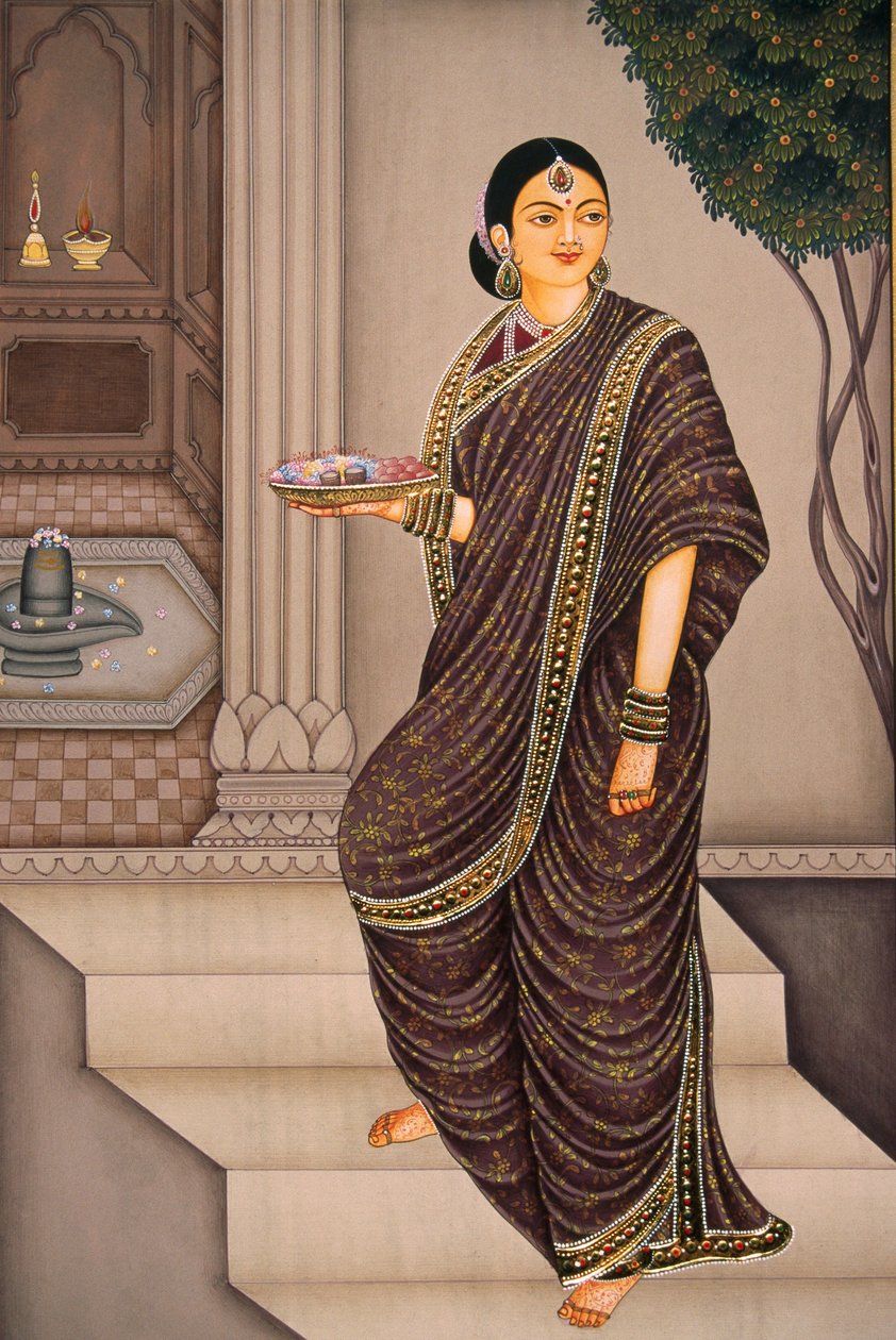 Marathi Lady menossa temppeliin miniatyyri maalaus paperille tekijältä School Indian