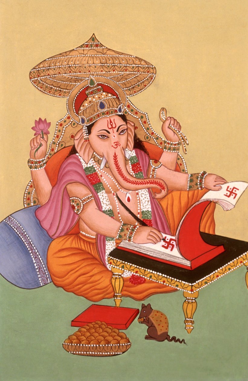 Pienoiskoossa maalaus Elefantti päähän Jumala Ganesh Ganpati, Intia tekijältä School Indian