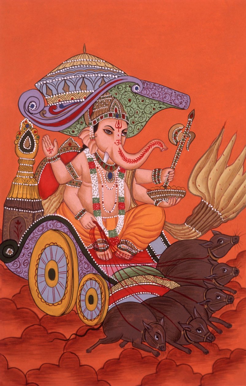 Pienoiskoossa maalaus Elefantti päähän Jumala Ganesh Ganpati, Intia tekijältä School Indian