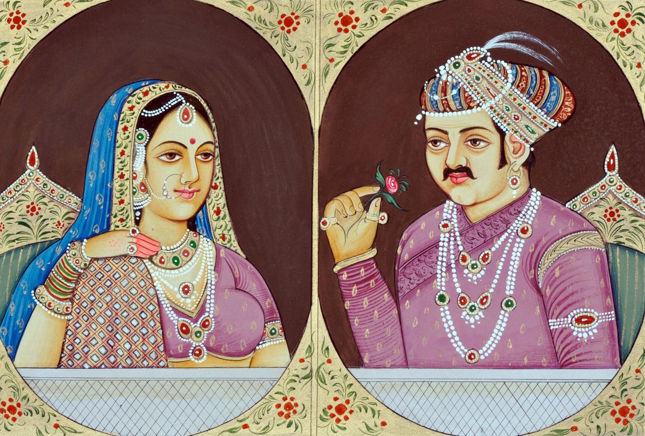 Akbarin ja Jodha Bain miniatyyrimaalaus Intia Aasia Intia Aasia tekijältä School Indian