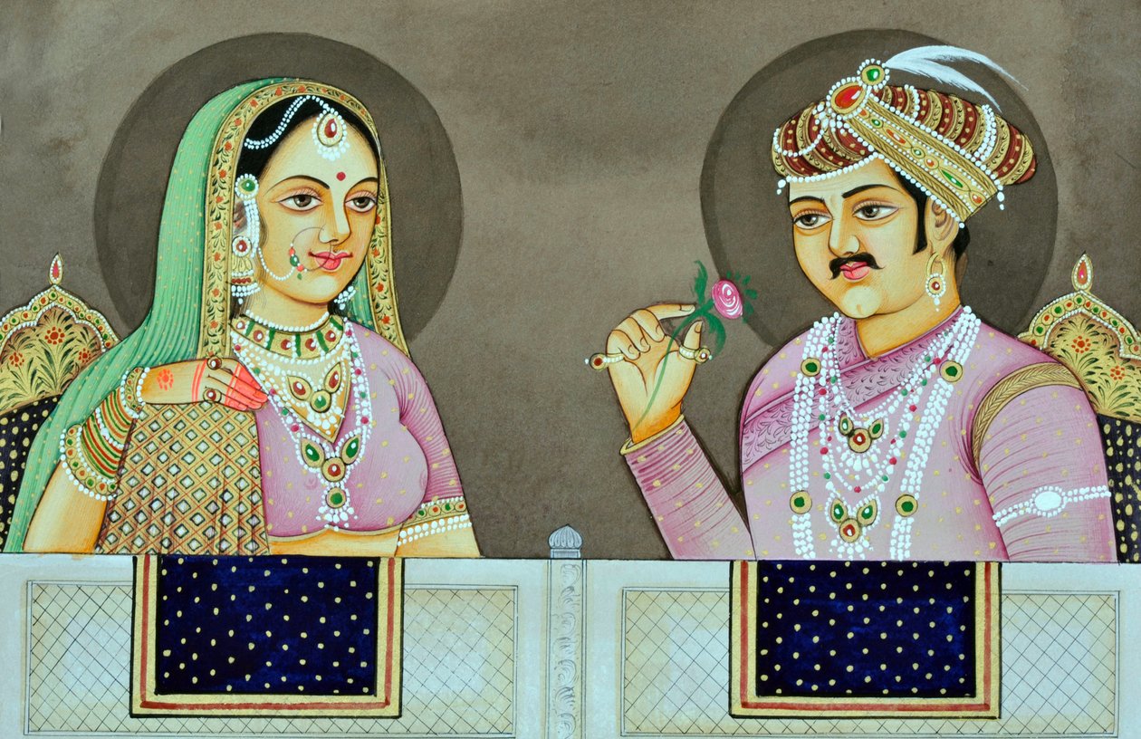 Miniatyyrimaalaus Akbarin ja Jodha Bain kanssa Intia Aasia Intia Aasia tekijältä School Indian