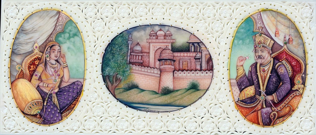 Pienoiskuvamaalaus mogulien keisari Bahadur Shah Zafarista ja vaimosta Zeenat Mahalista tekijältä School Indian