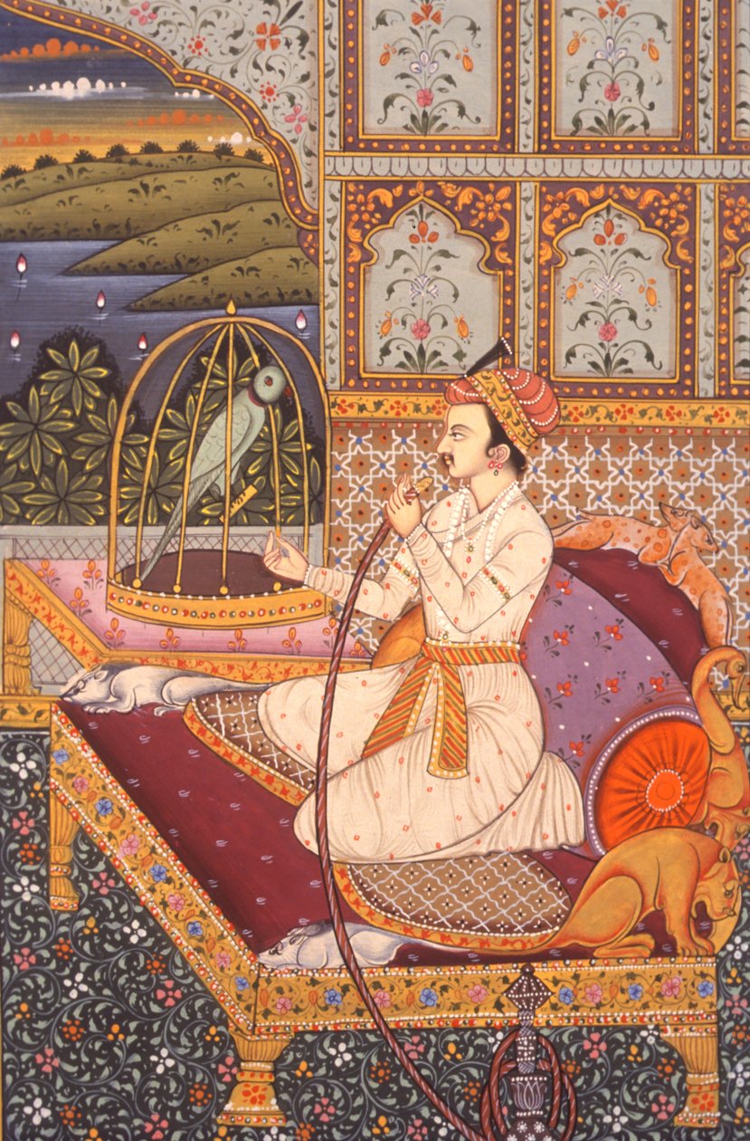 Pienoiskuvamaalaus Moguliprinssi nauttimassa Hookasta, Intia tekijältä School Indian