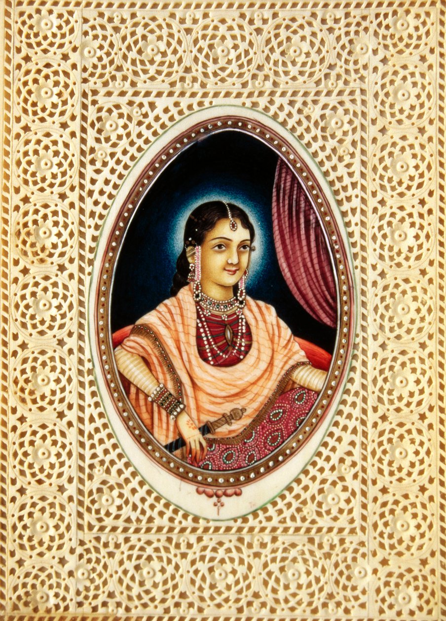 Pienoiskoossa maalaus Mumtaz Mahal norsunluun päällä tekijältä School Indian