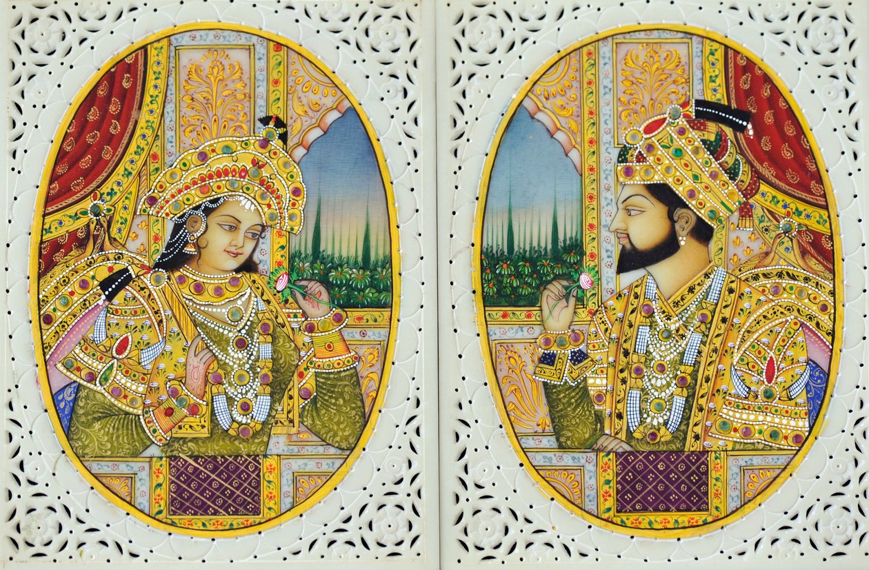 Pienoiskuvamaalaus Shah Jahanista ja vaimosta Mumtaj Mahalista Intia Aasia Intia Aasia tekijältä School Indian