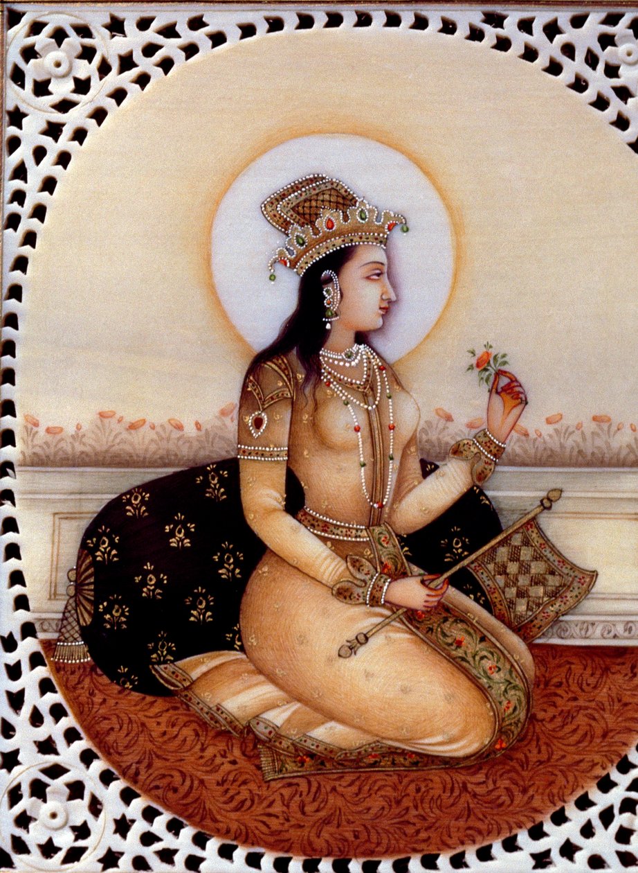 Miniatyyrimaalaus norsunluun prinsessa Mumtaz Mahal vaimo Moguli keisari Shah Jahanin vaimo tekijältä School Indian
