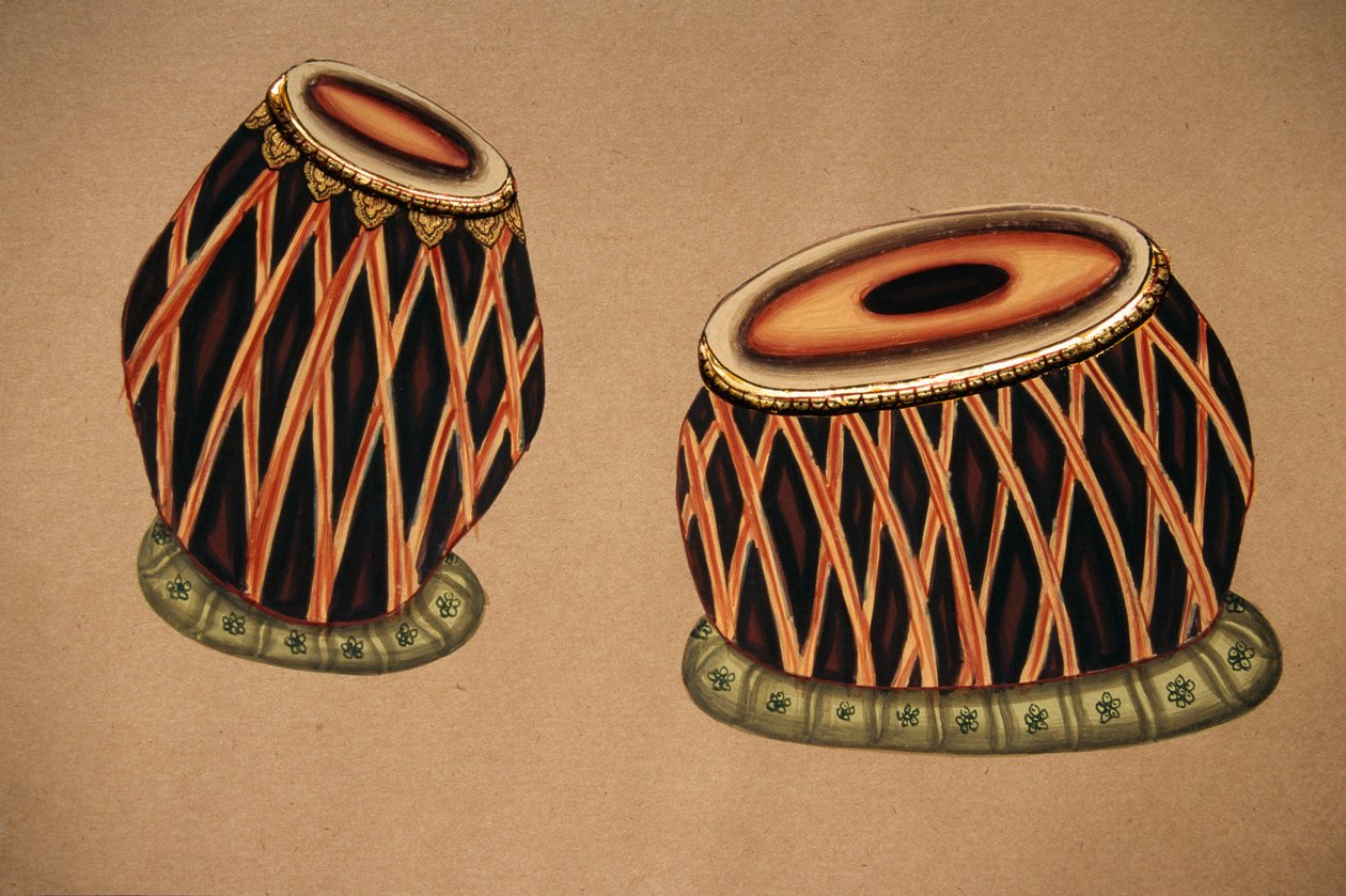 Pienoiskoossa maalaus paperille, intialainen klassinen musiikki-instrumentti Tabla tekijältä School Indian