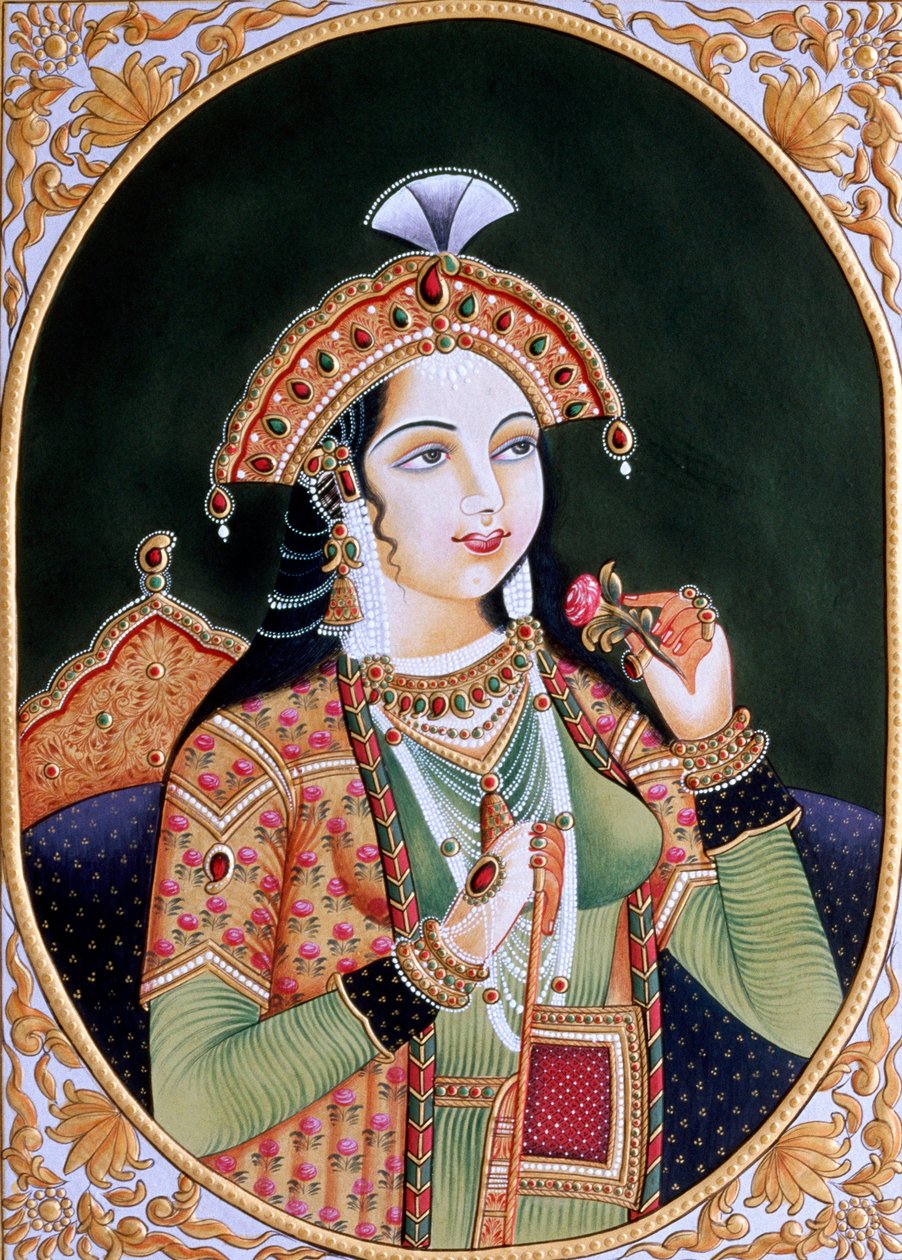 Pienoiskoossa maalaus paperille prinsessa Mumtaz Mahal vaimo Moguli keisari Shah Jahanin vaimo tekijältä School Indian