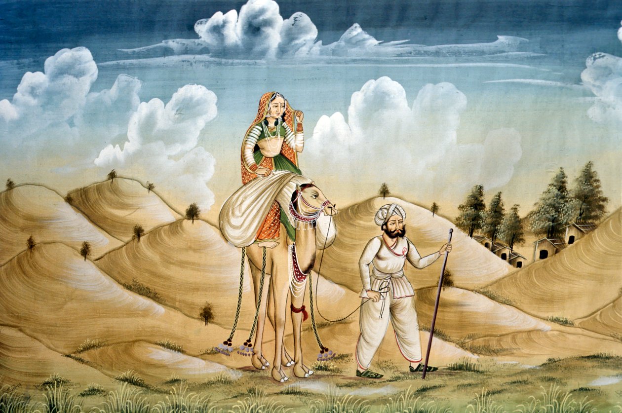 Miniatyyrimaalauksia silkki, Lonely Travellers, Rajasthanissa tekijältä School Indian