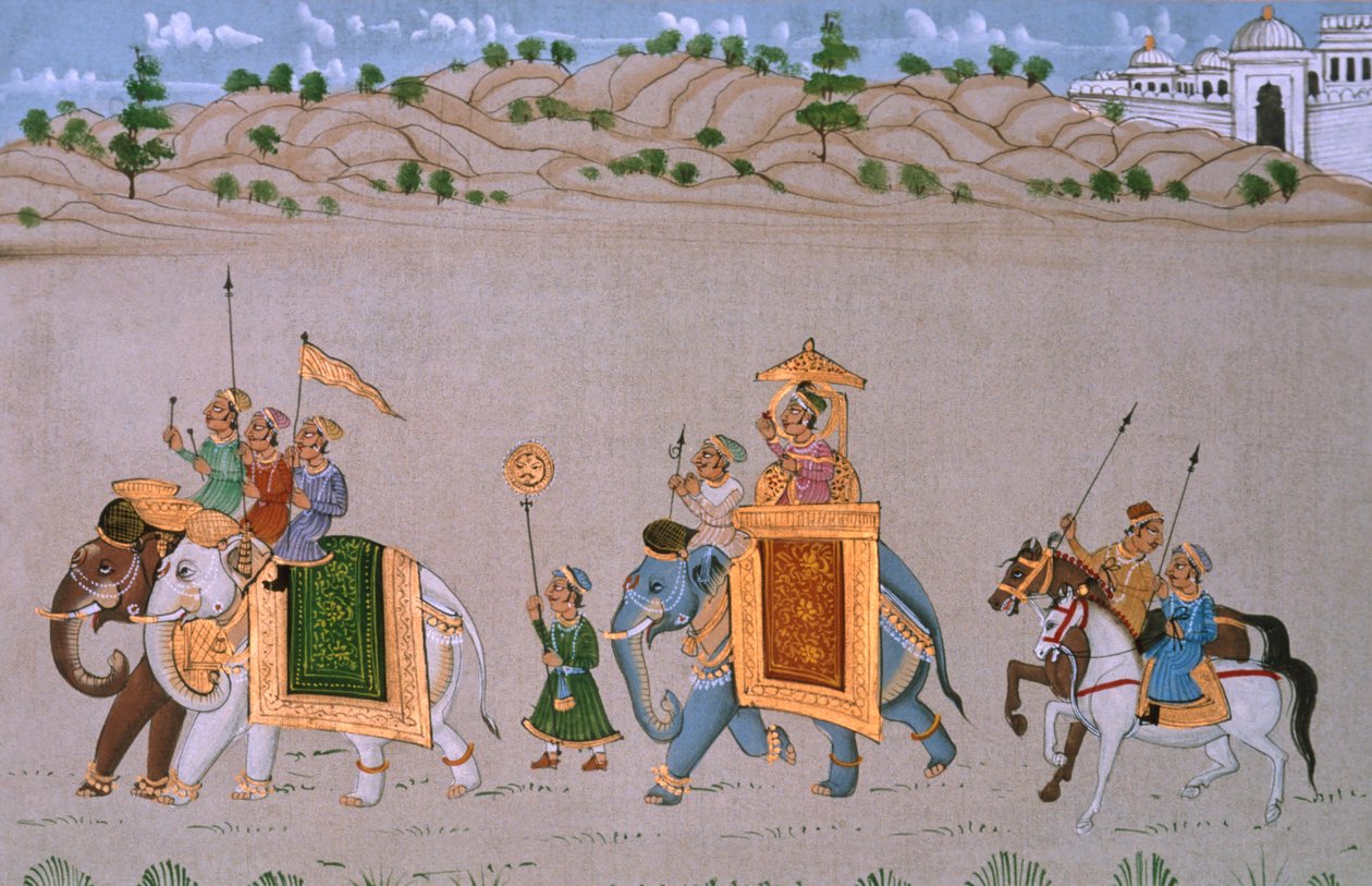 Miniatyyrimaalaus silkille, kuninkaallinen kulkue tekijältä School Indian