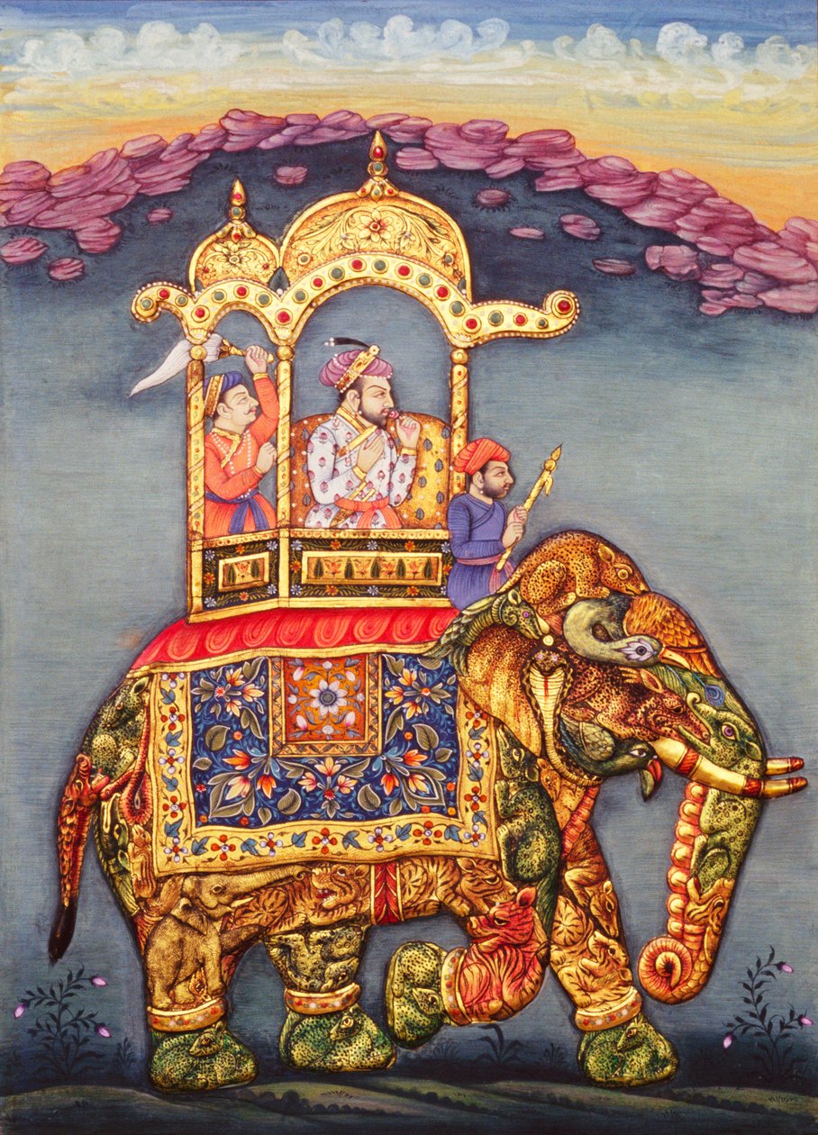 Mogulien kuningas Shah Jahan ratsastaa elefantilla tekijältä School Indian