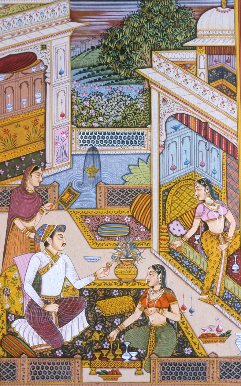Mughalin miniatyyri maalaus paperille Kuninkaallinen kuningas nauttii juomaa tekijältä School Indian