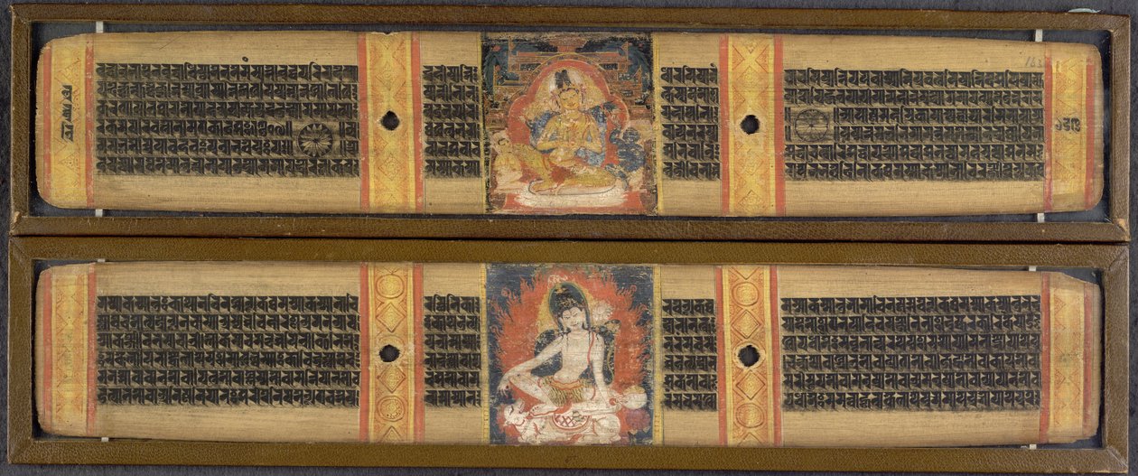 Tai. 6902, ff.163v-164 Avalokitesvara ja Maitreya, teoksesta "Viisauden täydellisyys 8000 säkeessä", Vikramasila, n. 1135 (muste puulle) tekijältä School Indian
