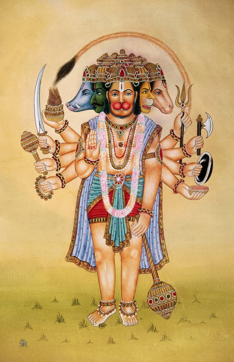 Panchmukhi Lord Hanuman miniatyyri maalaus paperille tekijältä School Indian