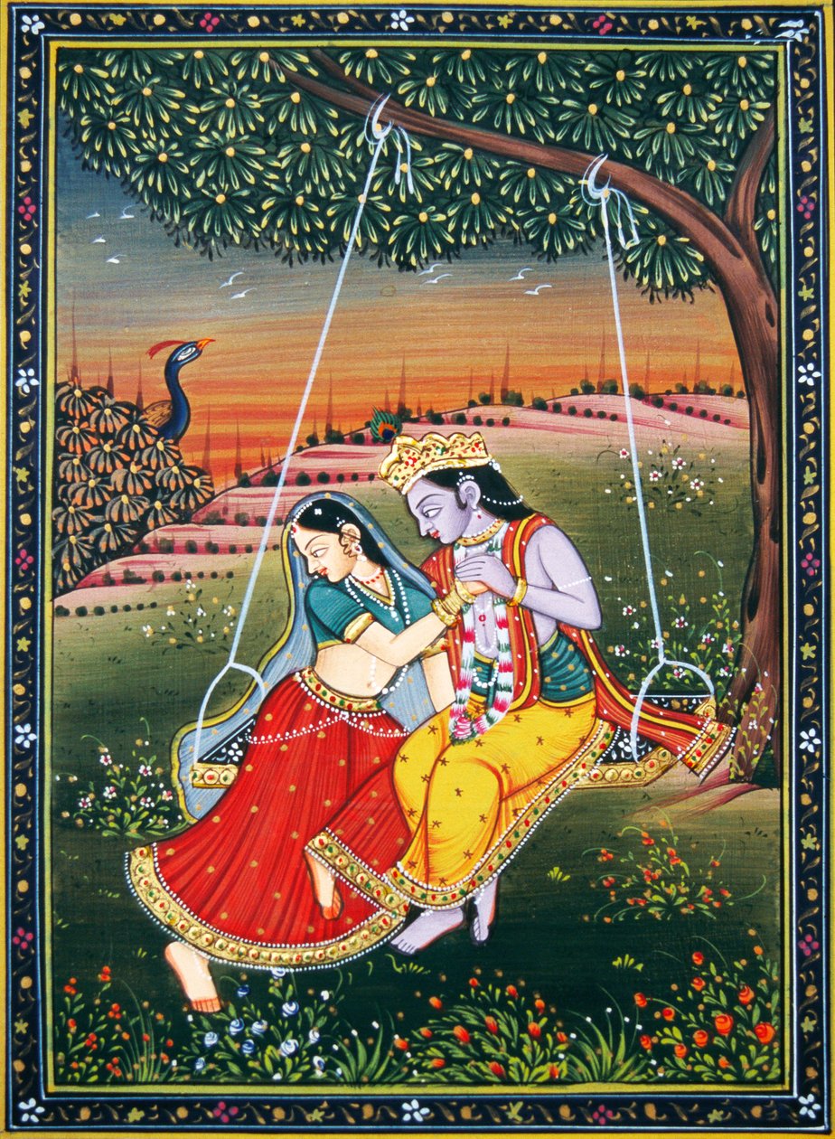Radha Krishna nauttii Jhoola miniatyyri maalaus paperille tekijältä School Indian