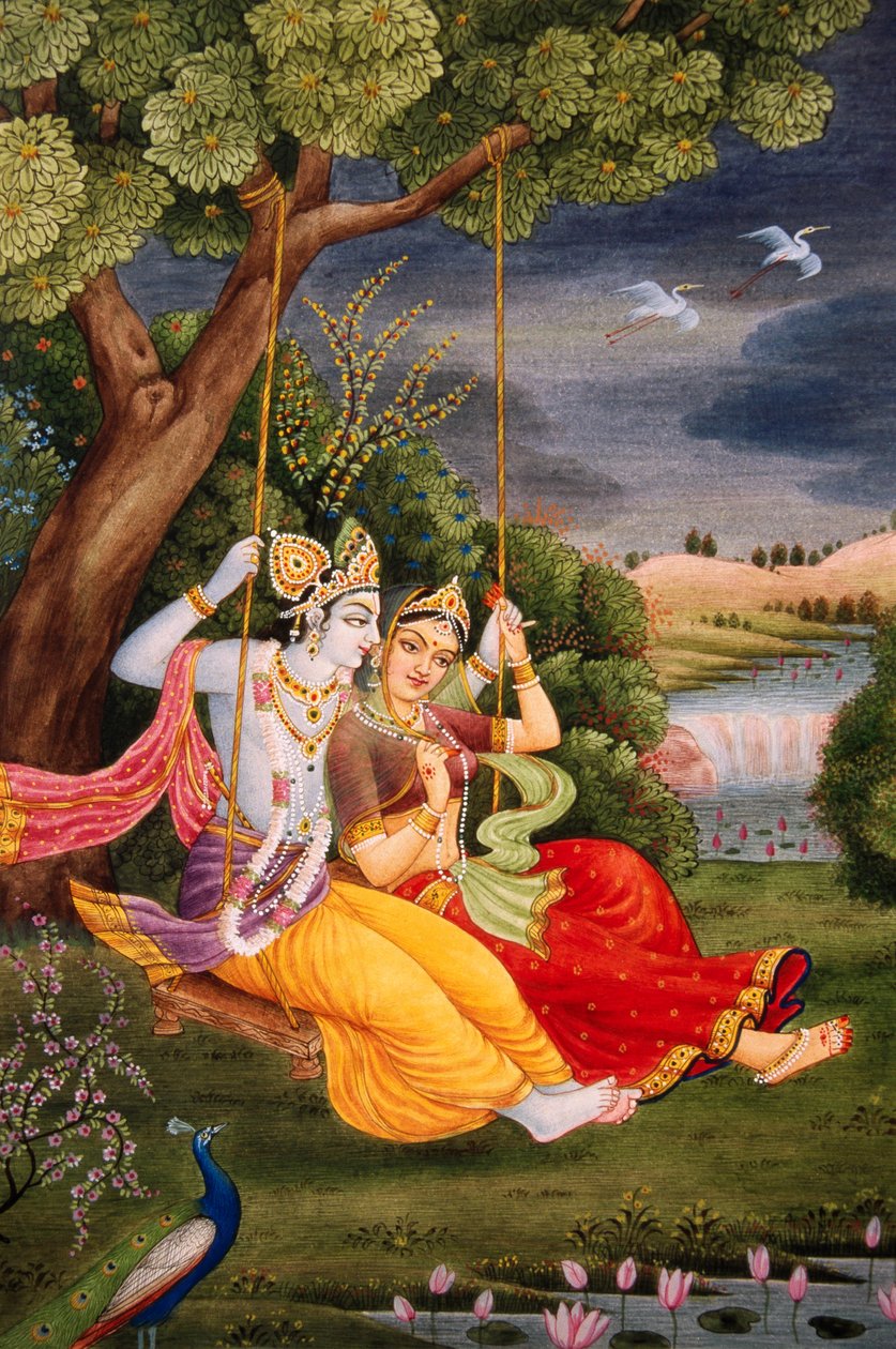Radha Krishna nauttii Jhoola miniatyyri maalaus paperille tekijältä School Indian