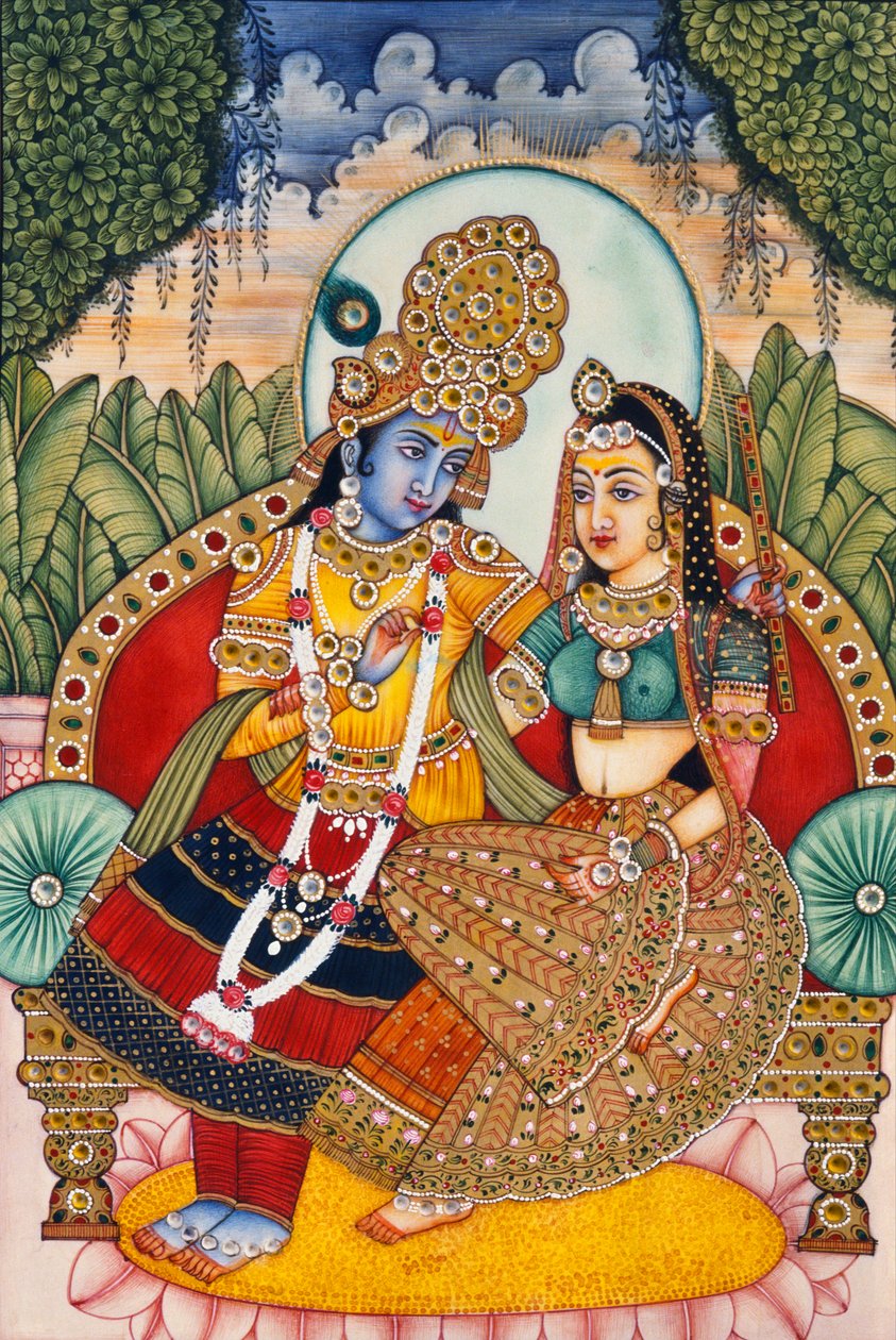 Radha Krishna miniatyyri maalaus norsunluun päällä tekijältä School Indian