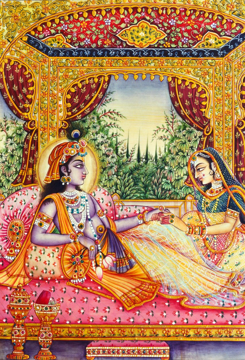 Radha Krishna miniatyyri maalaus norsunluun päällä tekijältä School Indian