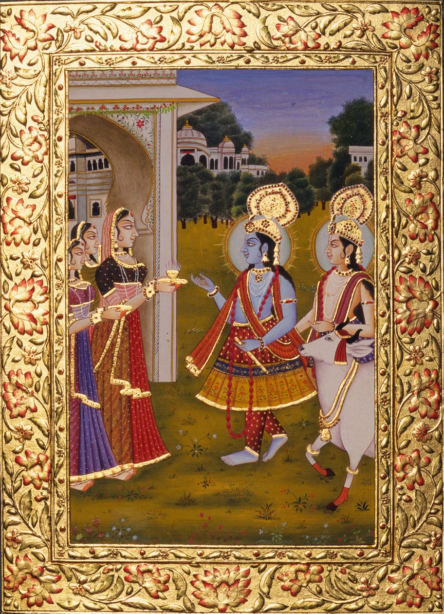 Radha Krishna miniatyyri maalaus paperille kultaisella kohokuvioinnilla tekijältä School Indian