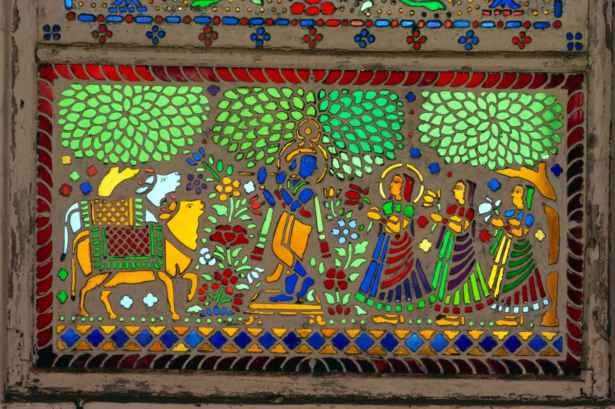 Radha Krishna ja Sakhi on lasimaalauksia lasi tekijältä School Indian