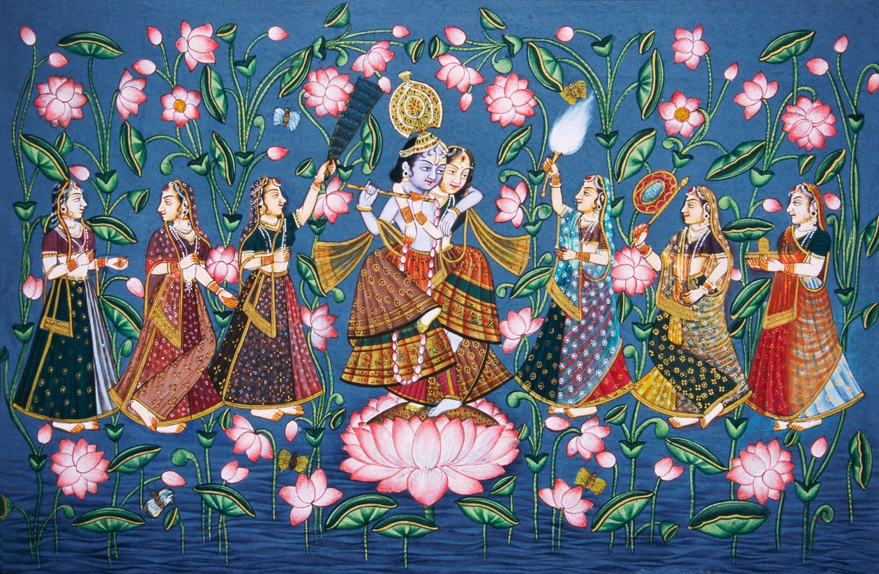 Radha Krishna ja Sakhis miniatyyri maalaus paperille tekijältä School Indian