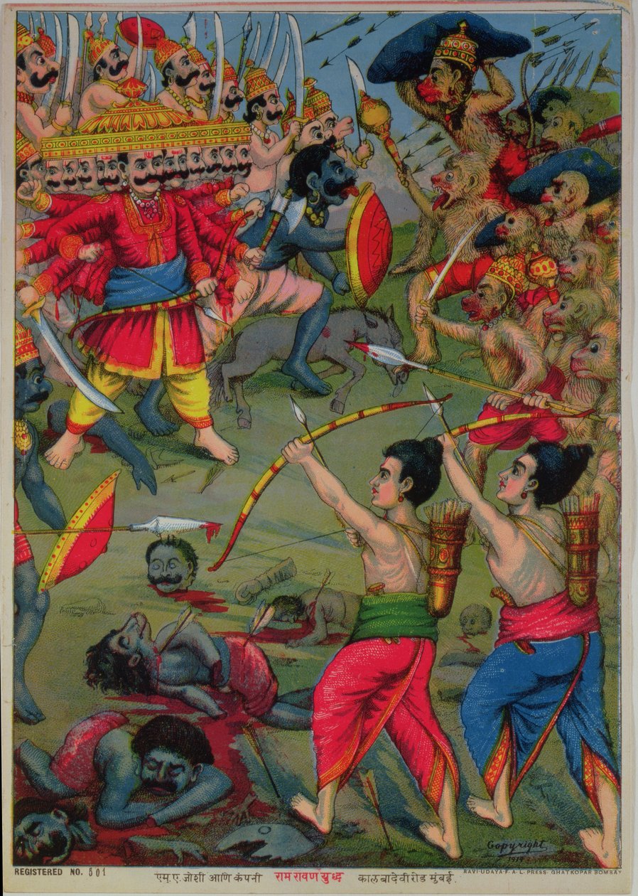 Rama ja Lakshmana taistelussa Ravanaa vastaan, Ramayana-eepos, n.1914 (kromoliittikuva) tekijältä School Indian