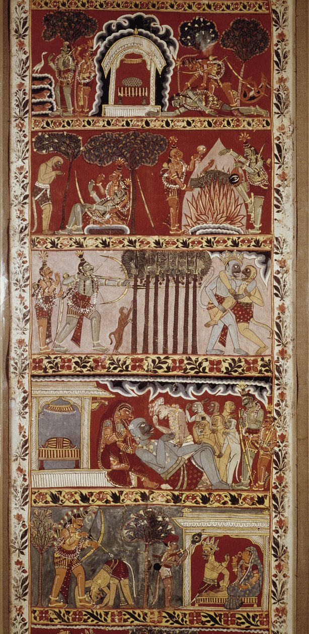 Ramayana-kohtaukset, Valmiki 6. vuosisadalla säveltämä eeppinen runo, joka kertoo legendaa Ramasta. Länsi-Bengal.Victori & Albert Library. Lontoo tekijältä School Indian