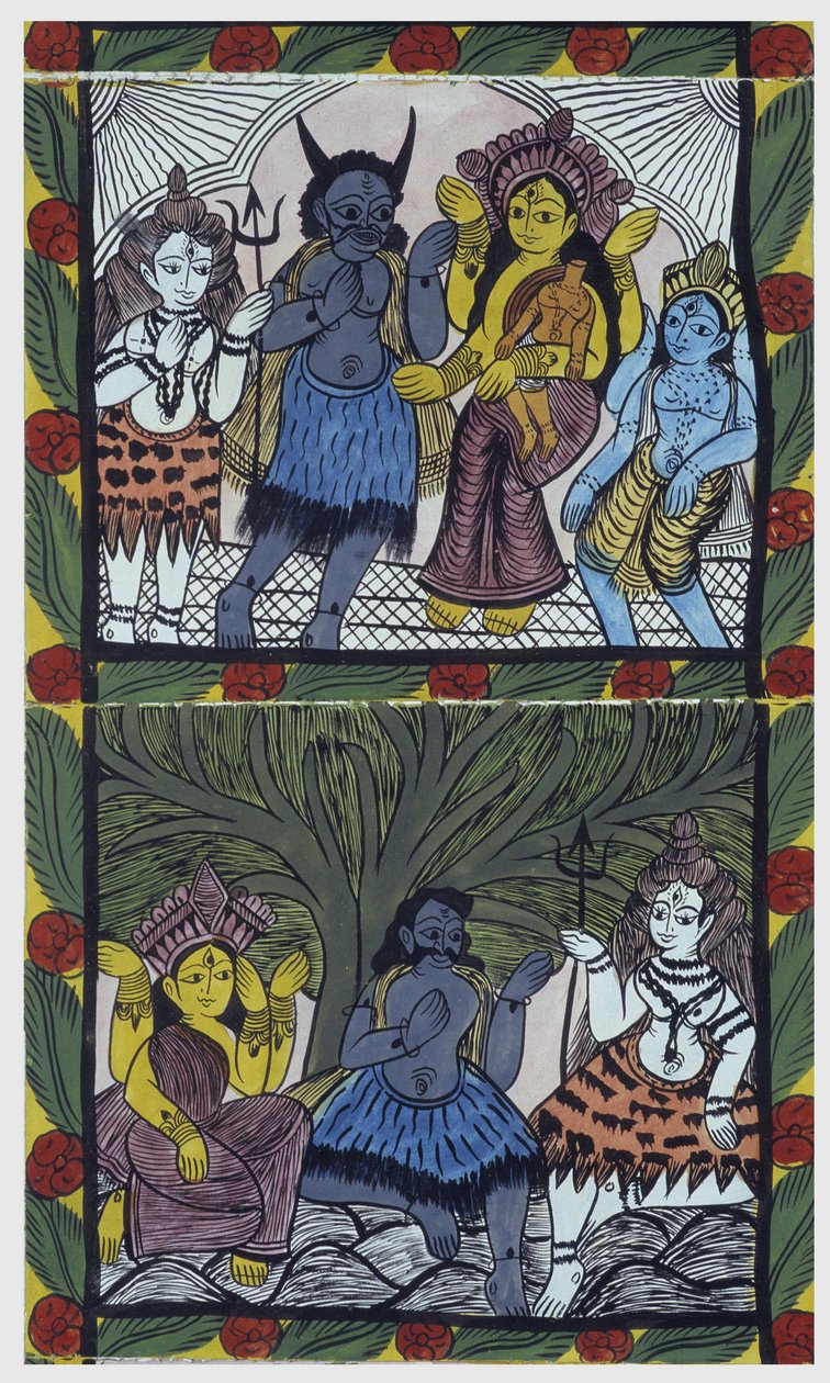 Shiva antaa elämän Ganeshalle (Ganesh tai Ganapati) äitinsä Parvatin syliin leikattuaan hänen päänsä vihan käsivarteen. Pat: maalattu rulla Bengalin alueelta, joka toimii kerrontavälineenä muusikoille Baoul (tai baul). Leonard de Selva erikoisuus tekijältä School Indian
