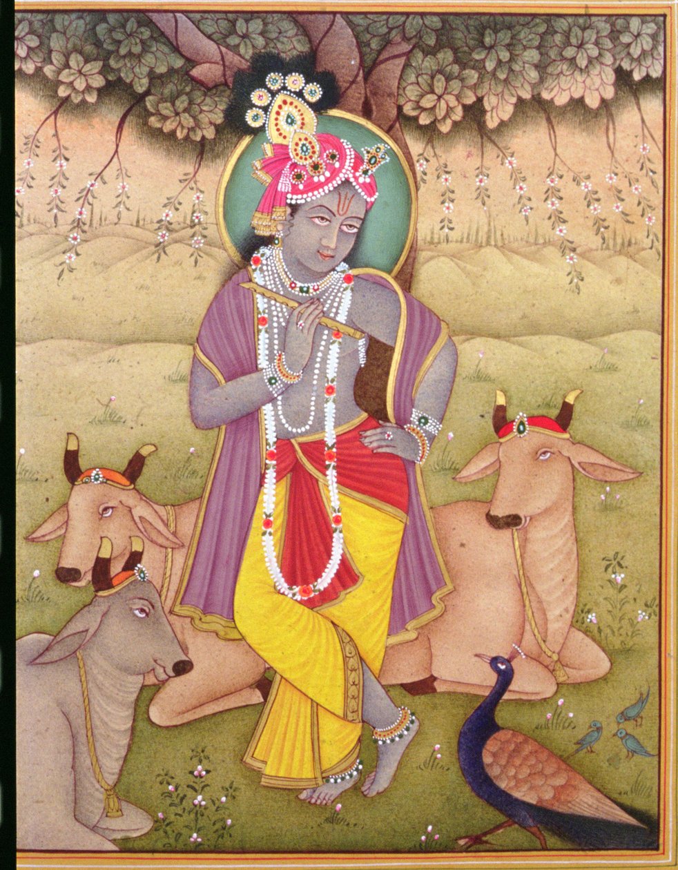 Shri Krishna (miniatyyri) (guassi ja akvarelli paperille) tekijältä School Indian