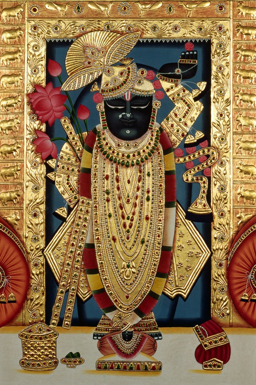 Shri Lord Shree Nathji tai Shreenathji Nathdwarassa Miniatyyri maalaus paperille kultaisella kohokuvioinnilla tekijältä School Indian