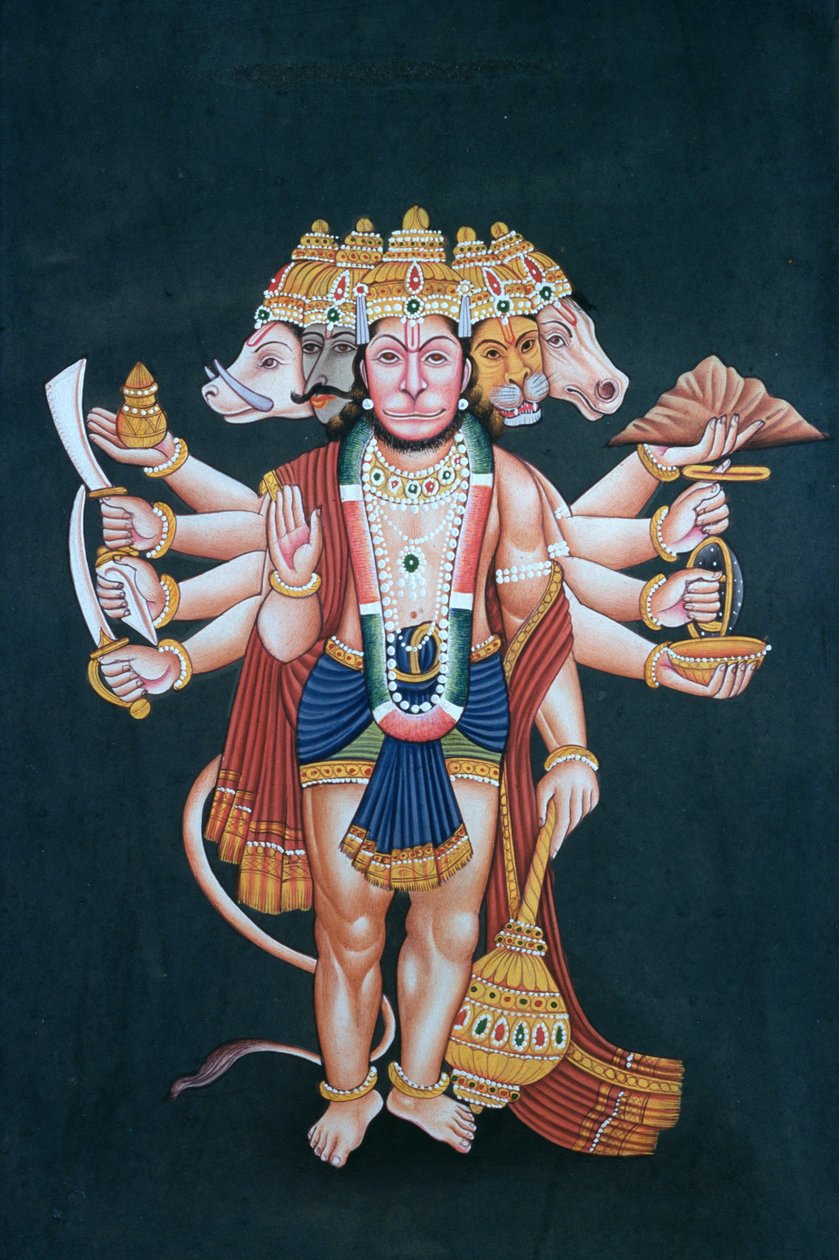 Shri Panchmukhi Hanuman (guassi ja vesiväri paperille) tekijältä School Indian